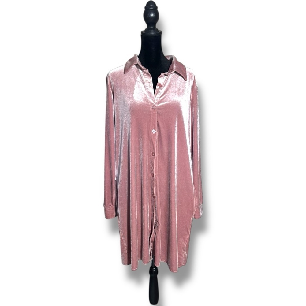 Rose/Mauve Velvet Long Sleeve Button Down Collared Mini Shirt Dress - Picture 3 of 16